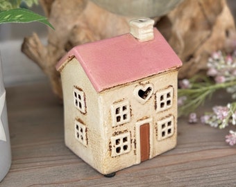 Cream Heart House Mini Tealight House /Cottage Candle Holder