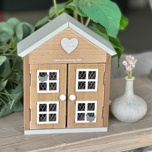 Wooden Egg House with Grey Roof, Chickens and Heart