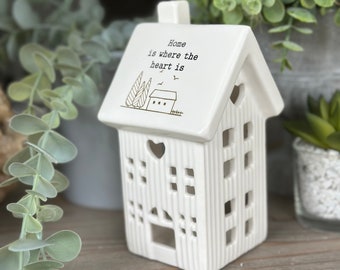 White Ceramic Tea Light - Home is where the heart is