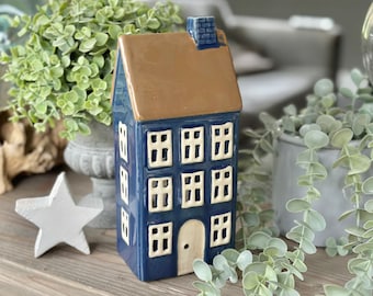 Blue Ceramic House /Cottage Candle Holder