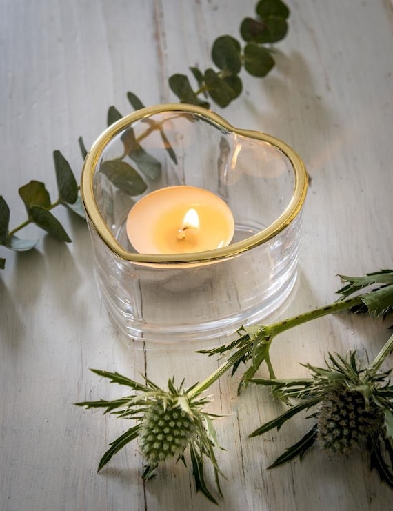 Glass Heart Tea Light Holder with Gold Rim