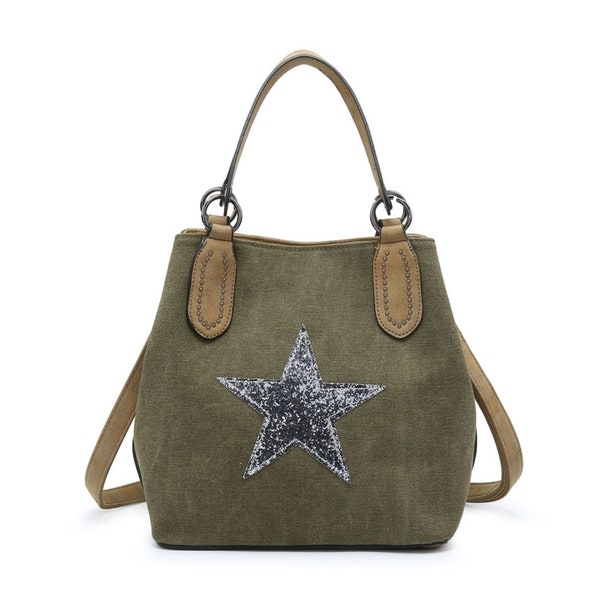 Khaki Canvas Pailletten Stern Handtasche