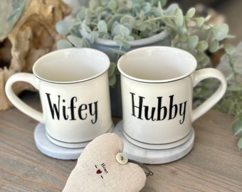 White Hubby and Wifey Porcelain Mugs.