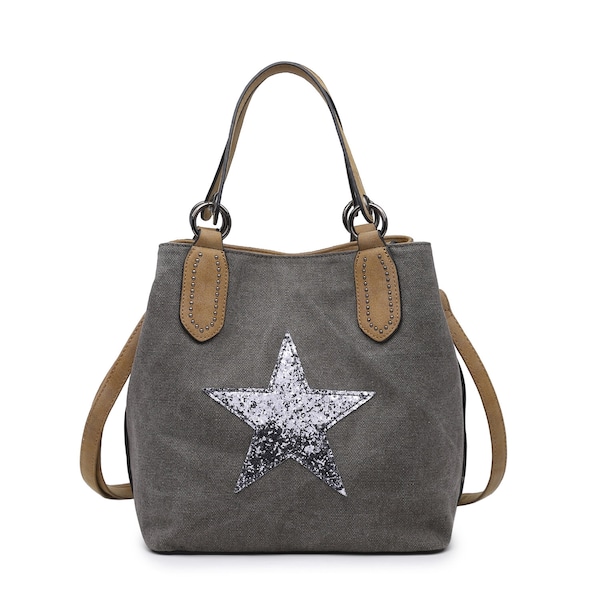 Borsa a mano con stella in tela con paillettes - grigio scuro