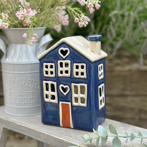 Navy Blue Traditional Village House Candle Holder