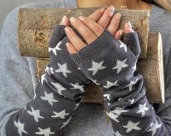 Dark Grey Cotton Long Fingerless Mittens