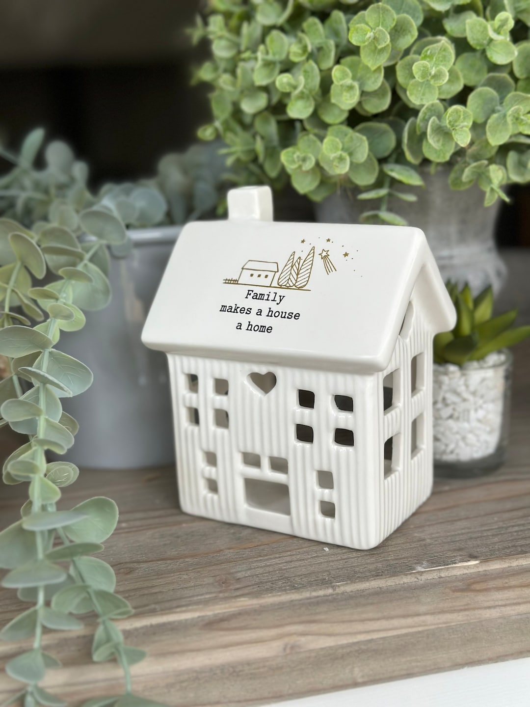 White Ceramic Tea Light House Family Makes a House a Home Etsy