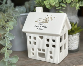 White Ceramic Tea Light House - Family makes a house a home