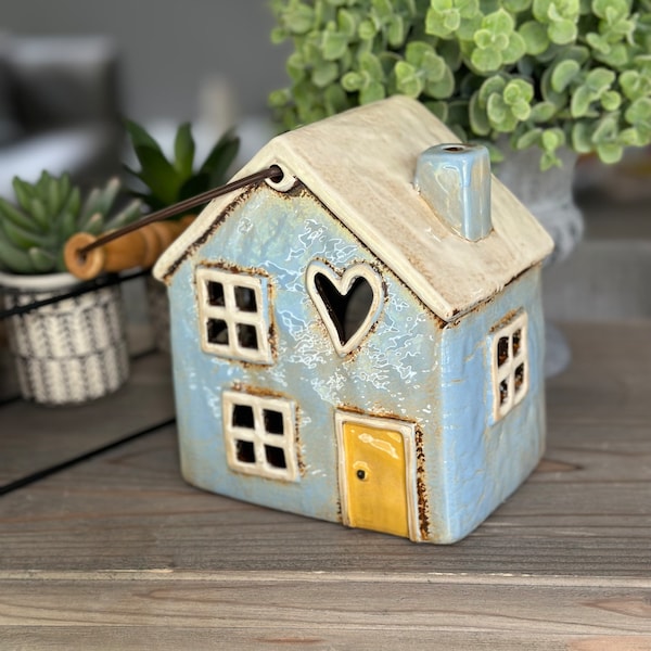 Pale Blue Ceramic House/Cottage Candle Holder with Handle