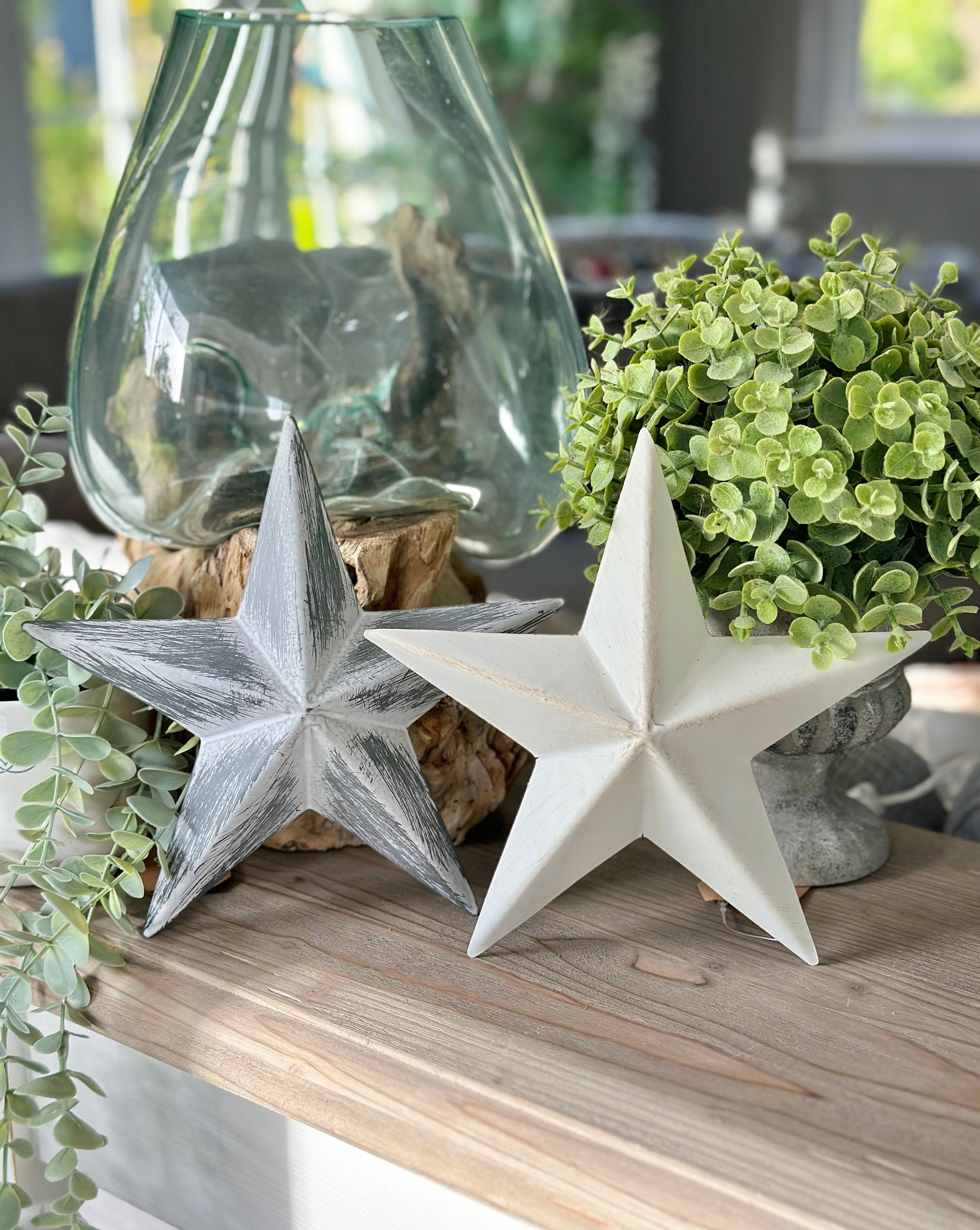 holiday decorative whimsical christmas metal gold stars on wood stand —  MUSEUM OUTLETS