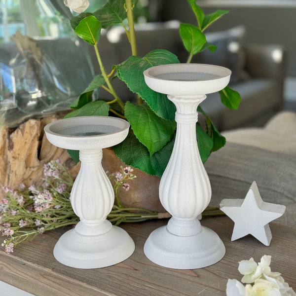 White Wooden Candlestick  - Available  in 2 sizes