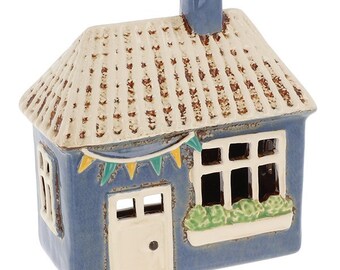 NEW! Blue Bunting Ceramic Tealight House