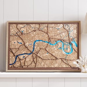 London, Custom city map. Any city engraved in wood and laser cut. Custom wood map. Wooden city map. Wood art. Personalized gifts image 1