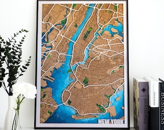 Wooden parks and river New York Map ,  5th Anniversary Birthday Wedding, Wood hand painted map. Unique Personalized Gift for Housewarming,