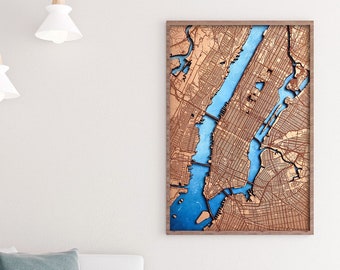 Wooden map of Manhattan, New York, USA. 3D laser engraved custom vintage map. Wood art. wooden map, wooden gift