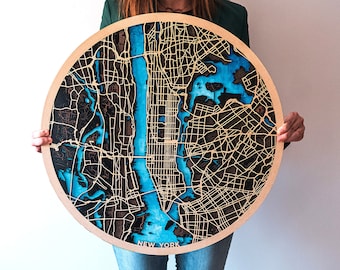 Сustom City Circular Map New York Any City World Art Retro Vintage Map Wood Lasercut Engraved Map Home Decor Personalized map. Wall decor