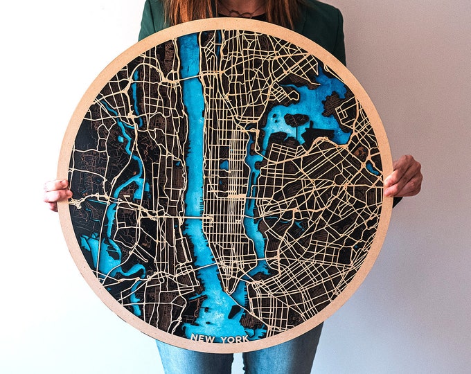 Featured listing image: Сustom City Circular Map New York Any City World Art Retro Vintage Map Wood Lasercut Engraved Map Home Decor Personalized map. Wall decor