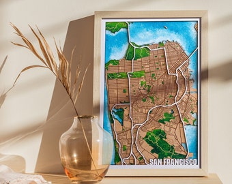 San Francisco wood map custom | 3D Multilayer City Map | lake house gift | 5th anniversary gift | Wooden Map | Gift for her | craftsman