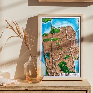 Mappa in legno di San Francisco personalizzata / Mappa della città multistrato 3D / regalo casa sul lago / regalo per il 5° anniversario / Mappa in legno / Regalo per lei / artigiano