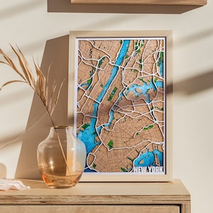 Carte en bois de New York ou personnalisée | Plan de la ville multicouche 3D | Carte 3D en bois de la ville | Cadeau 5e anniversaire | fiançailles | Cadeau pour elle | Cadre 3 couches