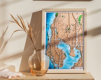 Tampa wood map or custom | 3D Multilayer City Map | 3D City wood Map | 5th anniversary gift | Wooden Map | Gift for her | lake house gift
