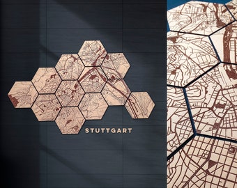 Hexagons wood cut map. Wooden geometric wall engraved. Custom map city engraved hexagonal. Stuttgart. Europe. Wood world map. Wall decor