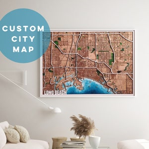 Plan de ville multicouche 3D | Plan de Long Beach | Carte en bois de la ville 3D | Cadeau 5e anniversaire | Carte en bois | Cadeau pour elle | Cadre 3 couches | Coupe au laser