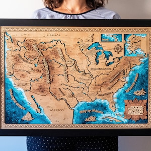 Carte des Etats-Unis en bois de style ancien. carte vintage des États-Unis. Carte des États-Unis fantastique au laser. Décoration murale en bois avec carte des États-Unis. Décoration d'intérieur personnalisée. Cadeau pour lui