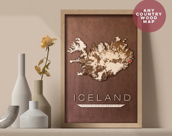 Wooden map of any country. Map of Iceland or personalized country, laser cut 3D wood engraving. Map of any country in the world. with pins!