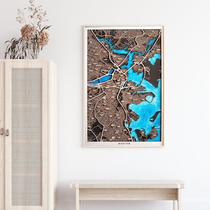 Carte en bois de Boston ou de n'importe quelle ville du monde, 5e anniversaire de mariage, carte en bois peinte à la main. Cadeau personnalisé pour pendaison de crémaillère,