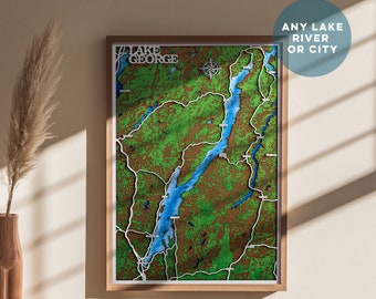 Any lake  customized Wood Map, River citiy Wood Laser Engraved Map, Contour map, Lake house decor, 3D Custom Lake art, lake sign Lake George