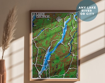 Custom Laser Engraved Wood Lake Map, 3D Topographic Art