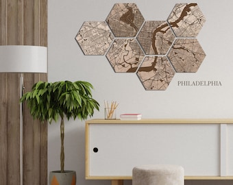 Sechseck Holzschnitt Karte. Geometrische Wandmalerei aus Holz. Benutzerdefinierte Karte jeder Stadt sechseckig graviert. Philadelphia.
