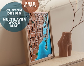 Miami wood map | 3D Multilayer City Map | 3D City wood Map | 5th anniversary gift | Wooden Map | Gift for her | 3 Layers Frame | Laser Cut