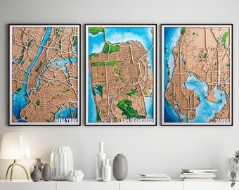 Wooden Map of Any City in the World,  5th Anniversary Birthday Wedding, Wood hand painted map. Unique Personalized Gift for Housewarming,