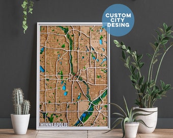 Map Wood Lasercut Engraved Map Home Decor Personalized map. Wall decor. Сustom City River Map Minneapolis Any City World Art Retro Vintage