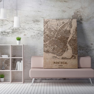 Carte en bois de Montréal, Canada. Carte vintage gravée au laser 3D. Art du bois. Ville de gravure sur bois personnalisée du monde. Décoration à la maison