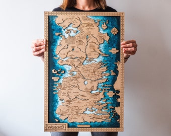 Mapa de madera de Westeros, regalo para él, mapa de GoT, GoT, mapa de Juego de Tronos, hecho a mano, regalo auténtico, regalo de series fan