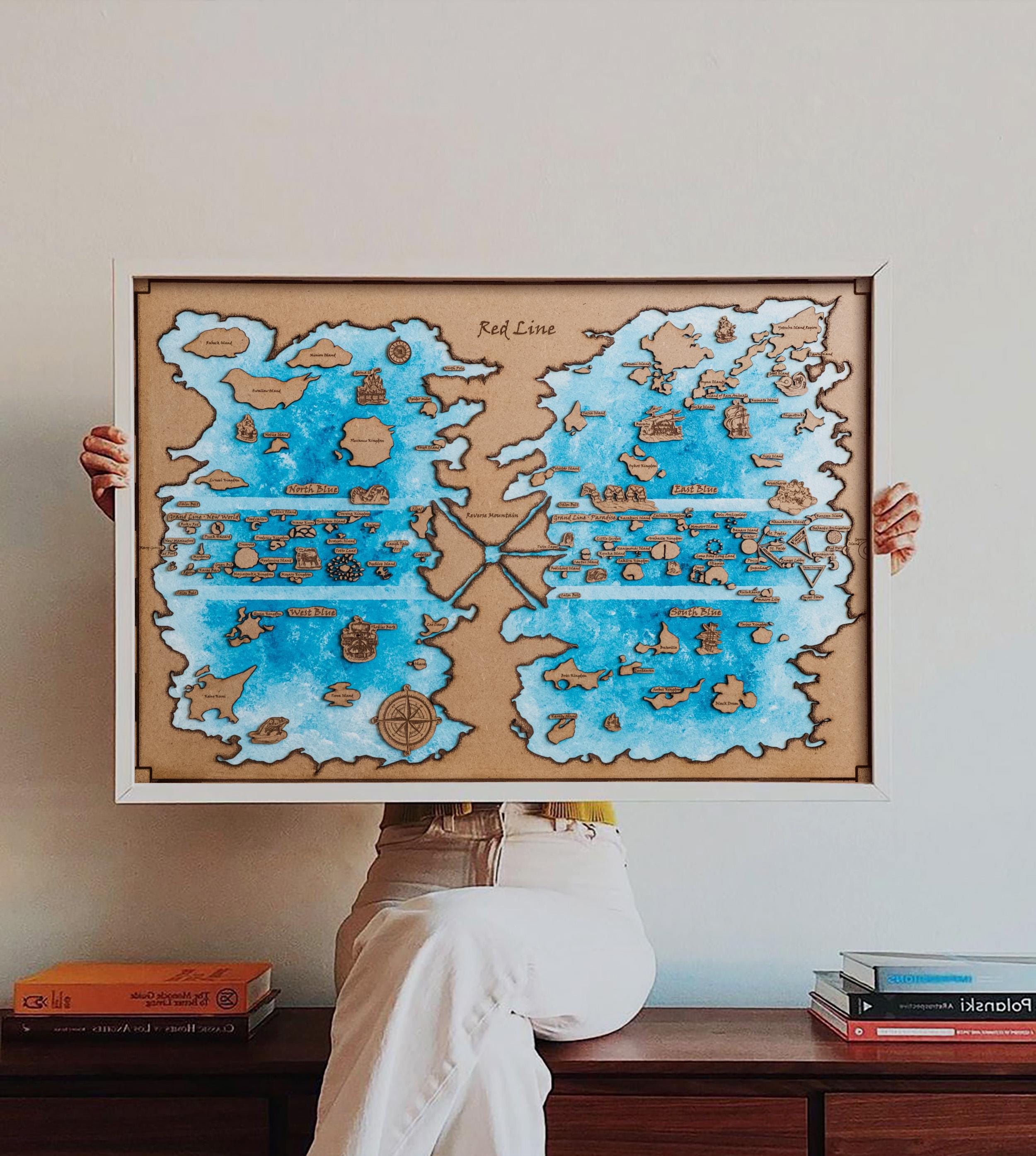 3D Wood One Piece Map - Grand Line & Red Line Hand Painted Art