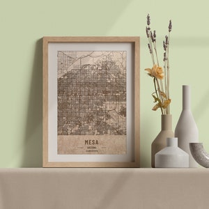 Carte en bois de Mesa, Arizona. Carte vintage gravée au laser 3D. L’art du bois. Ville de gravure sur bois personnalisée du monde. Décoration à la maison