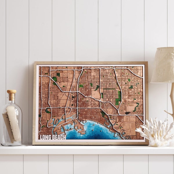 Wooden Map of Any City in the World, long beach mao,  5th Anniversary Birthday Wedding, Wood hand painted map. Unique Personalized Gift