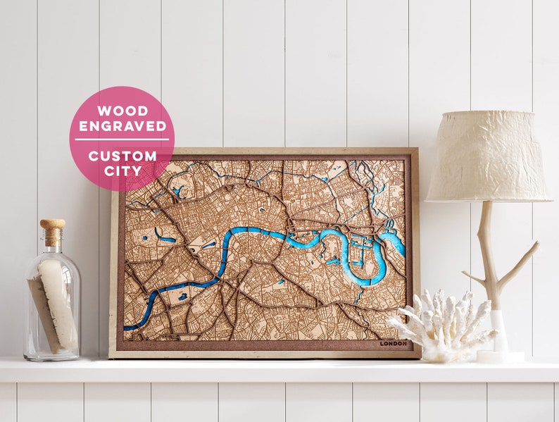 London, Custom city map. Any city engraved in wood and laser cut. Custom wood map. Wooden city map. Wood art. Personalized gifts image 2