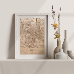 Carte en bois de Rome, Italie. Carte vintage gravée au laser 3D. L’art du bois. Gravure sur bois personnalisée d’une ville du monde. Décoration à la maison