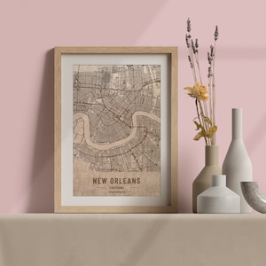 Houten kaart van New Orleans, Louisiana. 3D laser gegraveerde aangepaste vintage kaart. Houtkunst. Gepersonaliseerde houtsnede stad van de wereld. Het decor van het huis