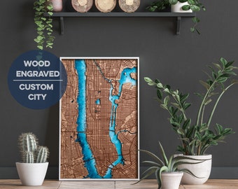 Engraved Wood City Map, Custom Laser Cut Wooden Art