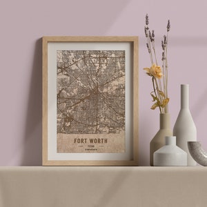 Carte en bois de Fort Worth, Texas. Carte vintage gravée au laser 3D. L’art du bois. Ville de gravure sur bois personnalisée du monde. Décoration à la maison