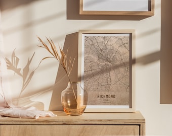 Mapa de Richmond, Virginia, grabado en madera. Mapa láser 3d personalizado de una ciudad del mundo. Arte vintage para decorar.
