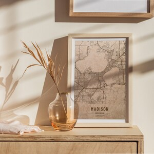 Houten kaart van Madison, Wisconsin, VS. 3D lasergegraveerde aangepaste vintage kaart. Hout kunst. Gepersonaliseerde houtsnede stad van de wereld. Huisdecoratie