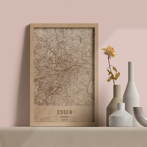 Carte en bois d’Essen, Allemagne. Carte vintage personnalisée gravée au laser 3D. Art du bois. Gravure sur bois personnalisée d’une ville du monde. Décoration intérieure