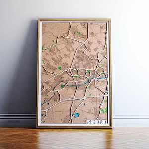 Carte 3D de Francfort | Plan de la ville multicouche | Plan 3D en bois de la ville | Cadeau 5e anniversaire | Carte en bois | Cadeau pour elle | Cadre 3 couches | Découpe laser